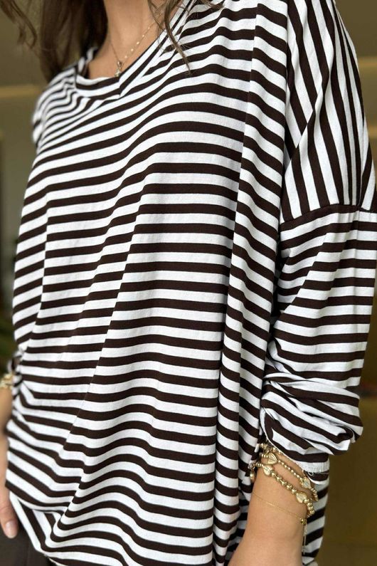 Made in Italy Perfect Breton V Long Sleeve Top Dark Brown - ** 